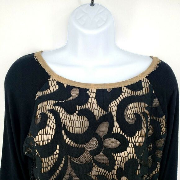 Anthropologie Dolan T-shirt Top Black Nude Lace Filigree 3/4 Sleeve - Picture 4 of 9